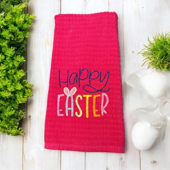 Kitchen Towel Pink Embroidered Happy Easter Hand Crafted Cotton Dish Towel - Picture 13 of 15